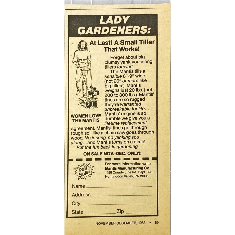 Mantis Manufacturing Small Tillers for Lady Gardeners" Vintage Print Ad 1983